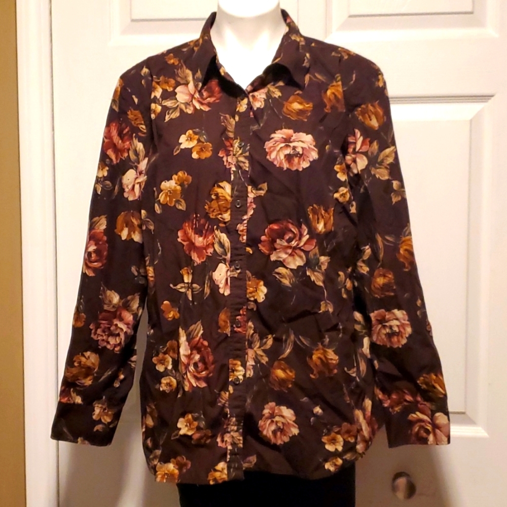 Chaps Women's Button Down Floral Earth Tone Colors Long Sleeve - Size 2X